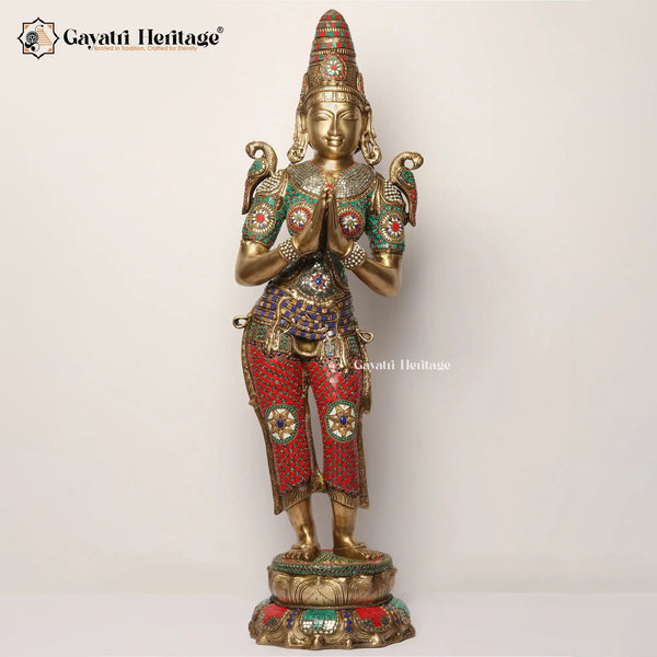 Brass Welcome Lady Statue with Stone Work – Divine Greeting Décor | Gayatri Heritage