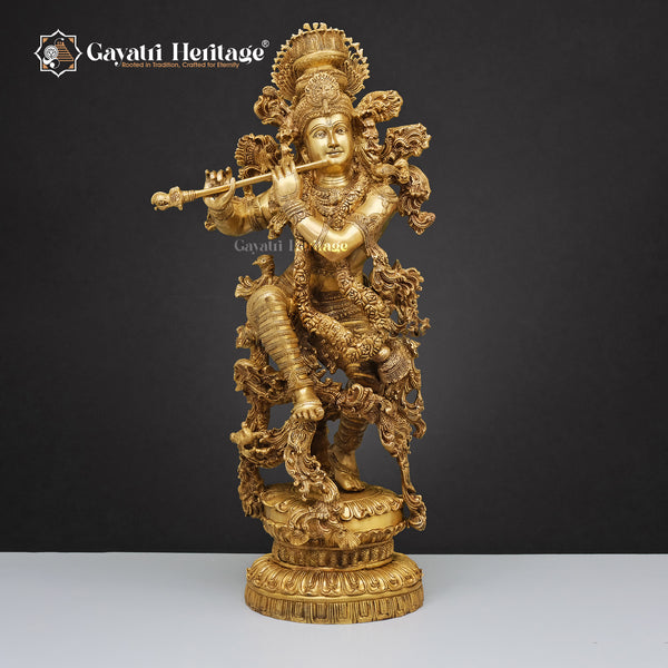 Brass Superbly Embellished Krishna Playing Flute – Divine Musical Elegance | Gayatri Heritage