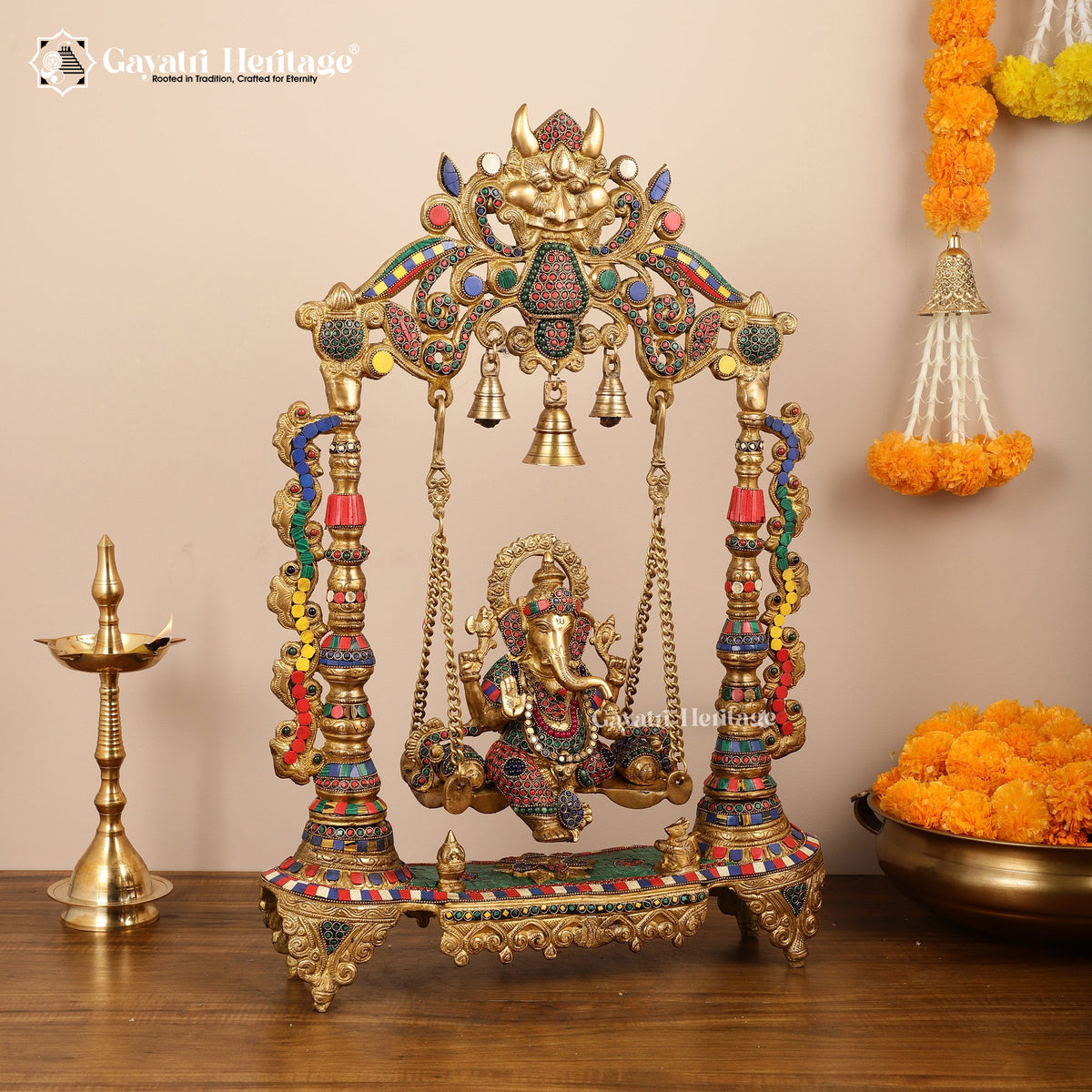 Brass Vinayagar Jhula in Stone Work – Divine Decor | Gayatri Heritage