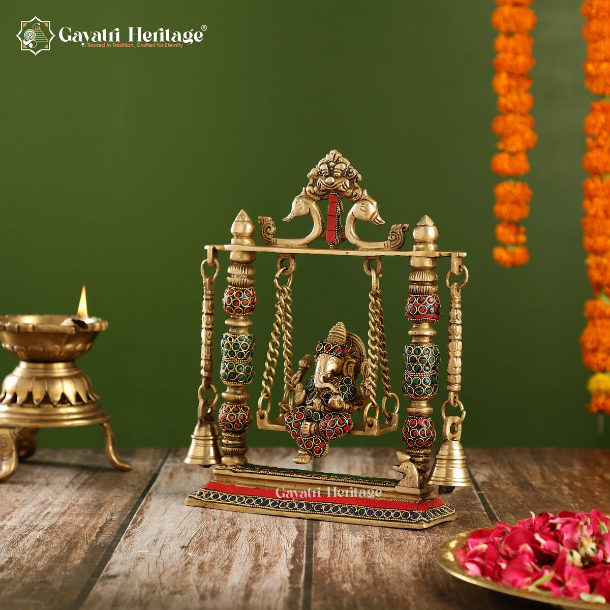 Brass Small Size Ganesh Jhula in Stone Work – Divine Decor | Gayatri Heritage