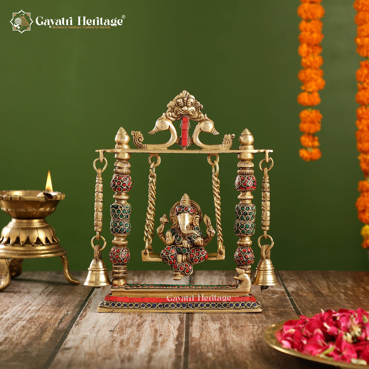 Brass Small Size Ganesh Jhula in Stone Work – Divine Decor | Gayatri Heritage