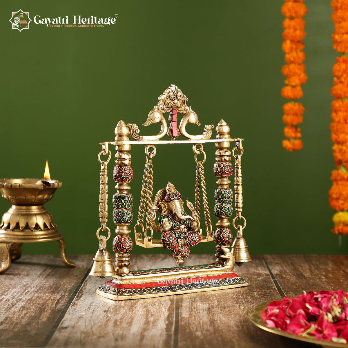 Brass Small Size Ganesh Jhula in Stone Work – Divine Decor | Gayatri Heritage