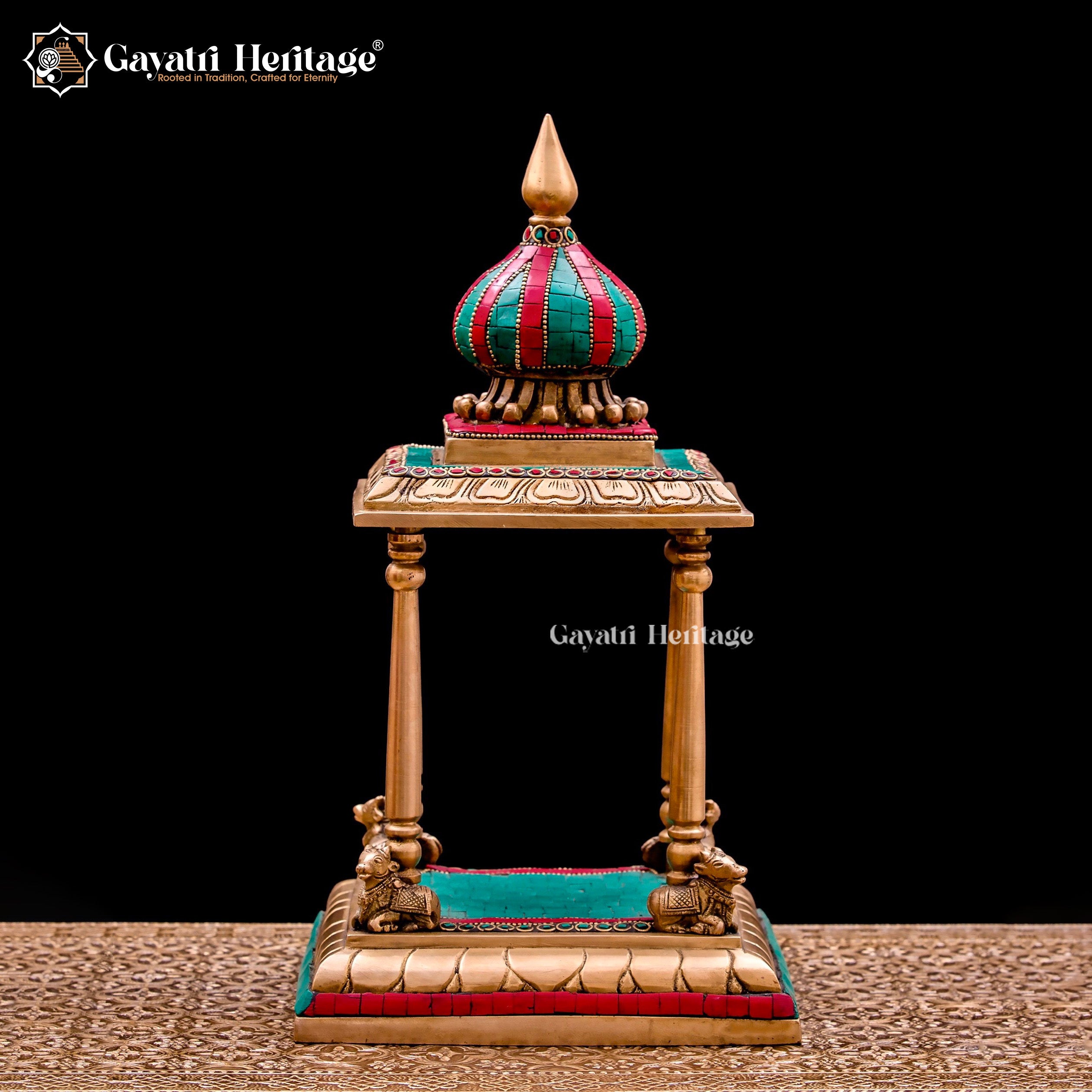 Elegant Brass Temple with Stone Work and Nandi at Corners – Sacred Design for Your Home Mandir | Gayatri Heritage