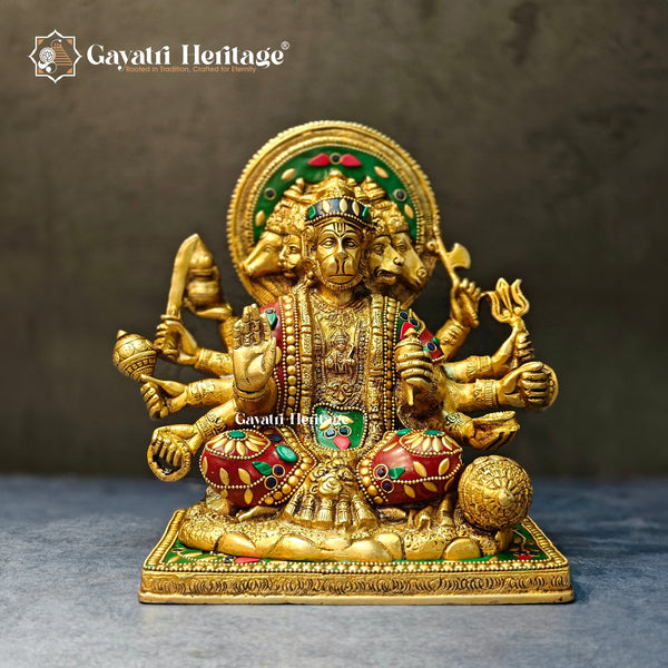 Brass Panchmukhi Hanuman – Stone Work Divine Idol | Gayatri Heritage