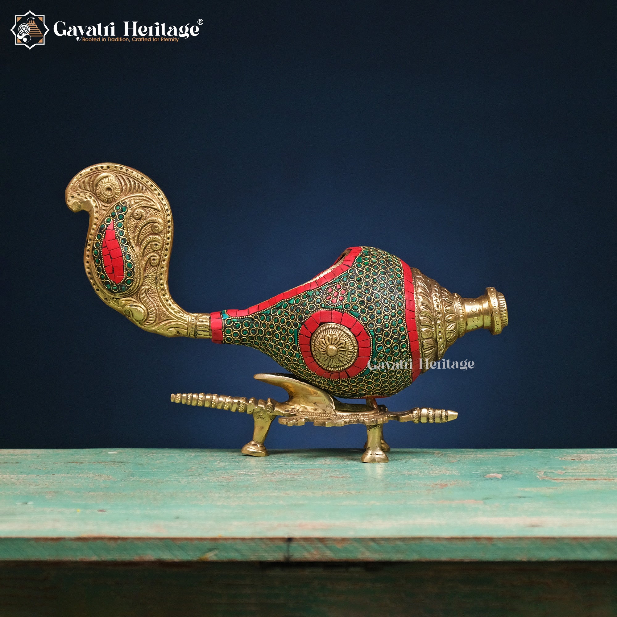 Brass Shankh with Stand in Stone Work – Divine Decor | Gayatri Heritage