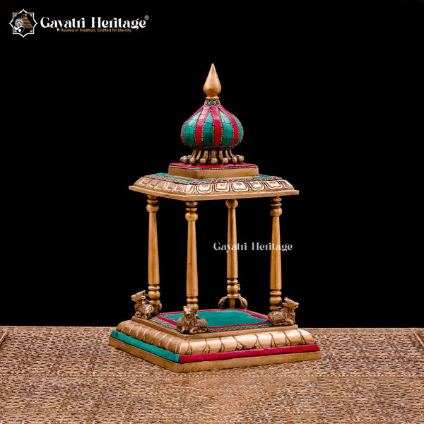 Elegant Brass Temple with Stone Work and Nandi at Corners – Sacred Design for Your Home Mandir | Gayatri Heritage