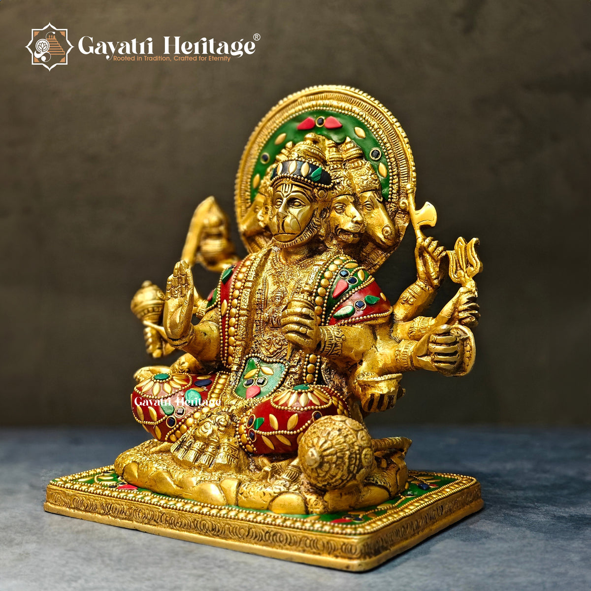 Brass Panchmukhi Hanuman – Stone Work Divine Idol | Gayatri Heritage