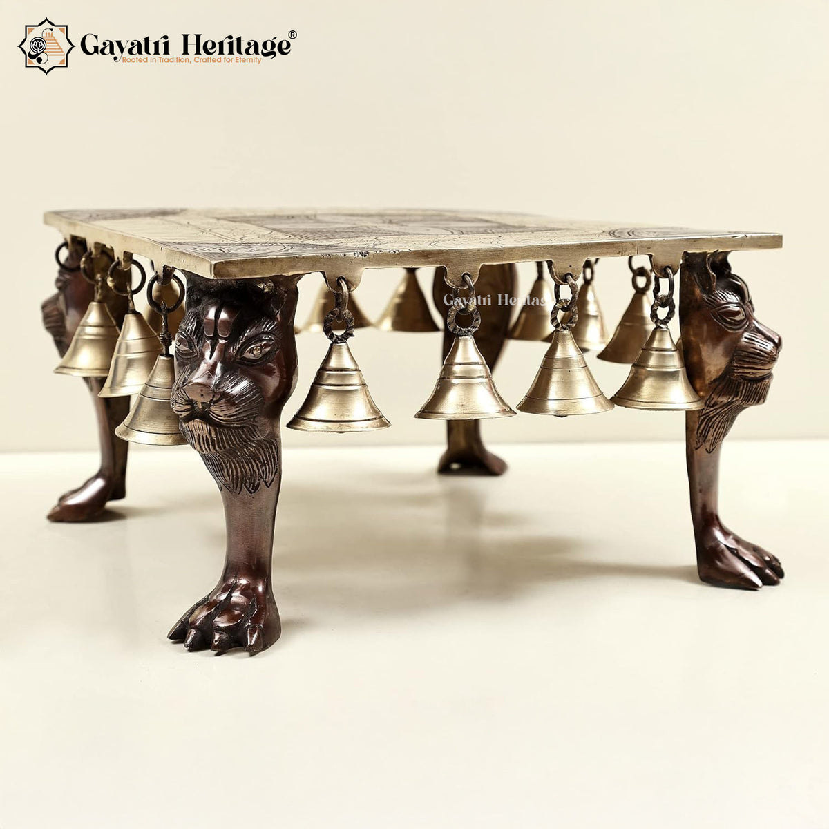 Brass Square Chowki with Lion Pillars – Divine Decor | Gayatri Heritage