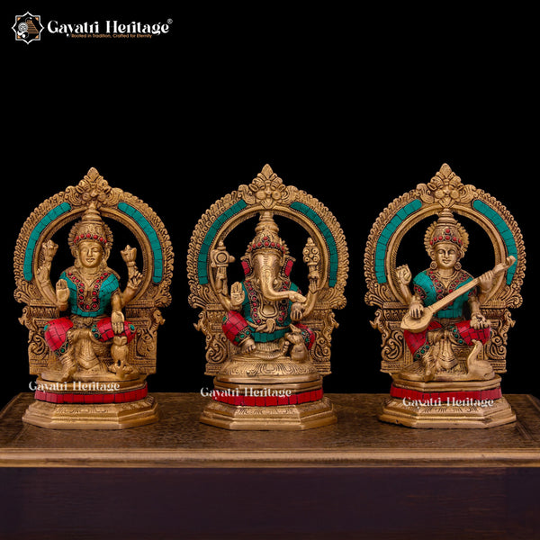 Traditional Brass Laxmi Ganesh Saraswati Idols in Stone work – Divine Trio for Prosperity, Wisdom, and Harmony | Gayatri Heritage