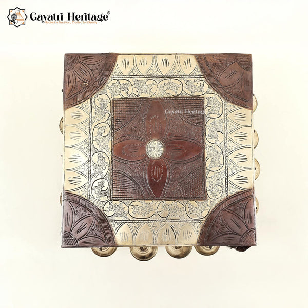 Brass Square Chowki with Lion Pillars – Divine Decor | Gayatri Heritage