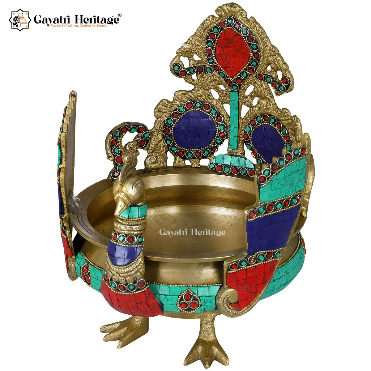 Brass Peacock Design Urli with Stone Work – Royal Home Decor
