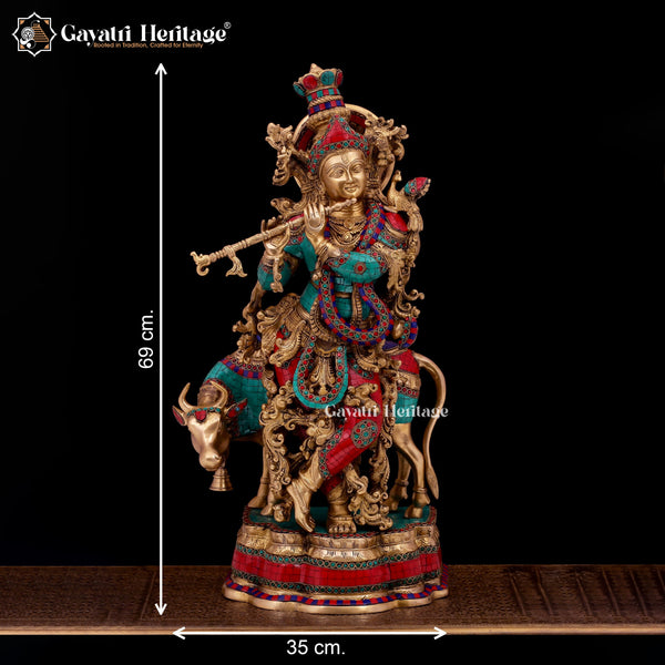 Graceful Brass Murlidhar Krishna Statue with Cow – A Symbol of Divine Music and Serenity | Gayatri Heritage