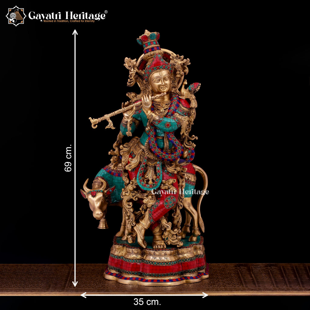 Graceful Brass Murlidhar Krishna Statue with Cow – A Symbol of Divine Music and Serenity | Gayatri Heritage