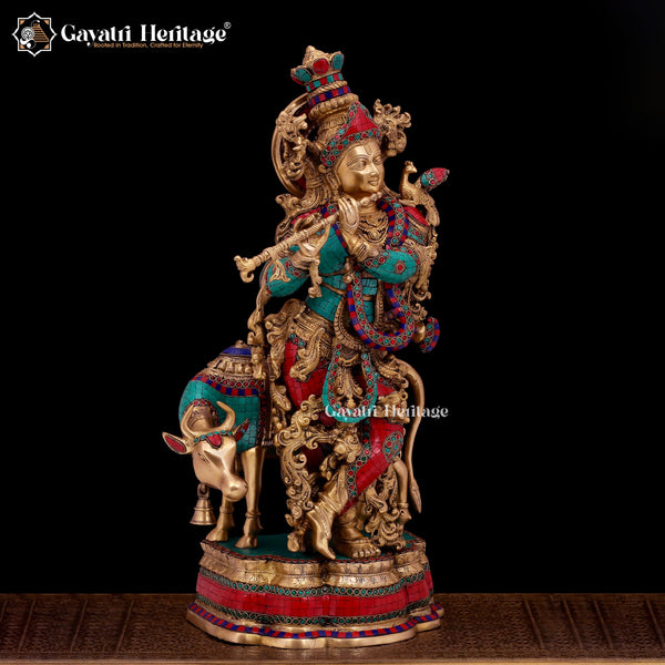 Graceful Brass Murlidhar Krishna Statue with Cow – A Symbol of Divine Music and Serenity | Gayatri Heritage