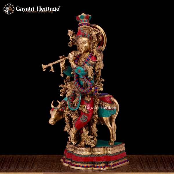 Graceful Brass Murlidhar Krishna Statue with Cow – A Symbol of Divine Music and Serenity | Gayatri Heritage