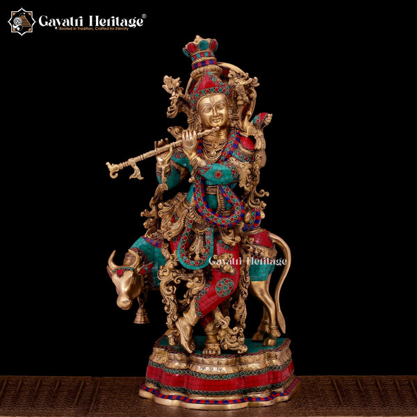 Graceful Brass Murlidhar Krishna Statue with Cow – A Symbol of Divine Music and Serenity | Gayatri Heritage