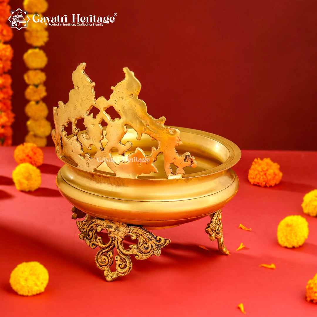 Brass Peacock Design Urli – Elegant Floral Centerpiece | Gayatri Heritage