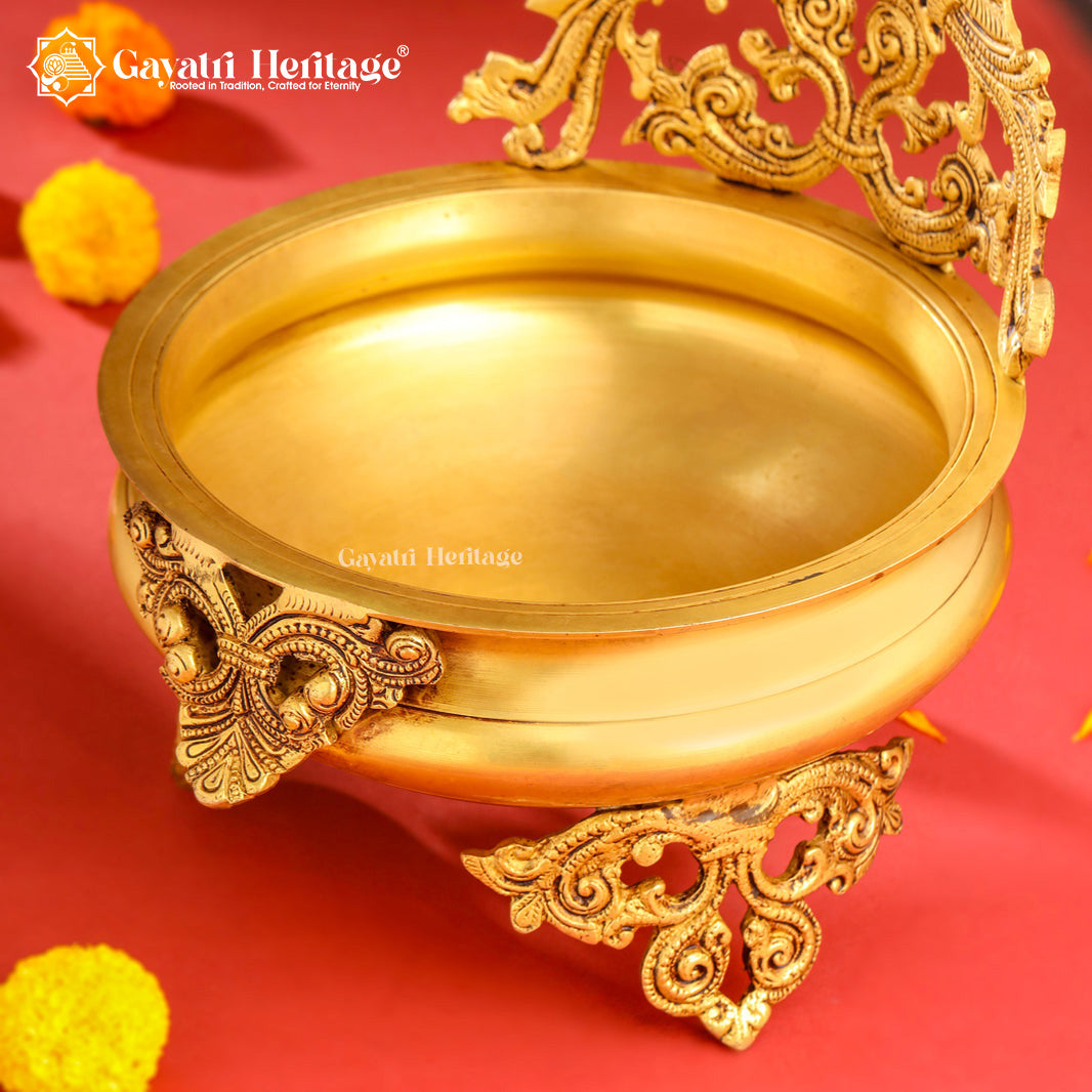Brass Peacock Design Urli – Elegant Floral Centerpiece | Gayatri Heritage