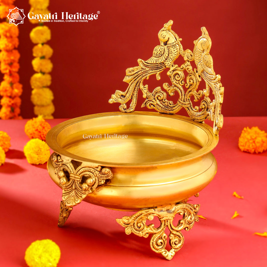 Brass Peacock Design Urli – Elegant Floral Centerpiece | Gayatri Heritage