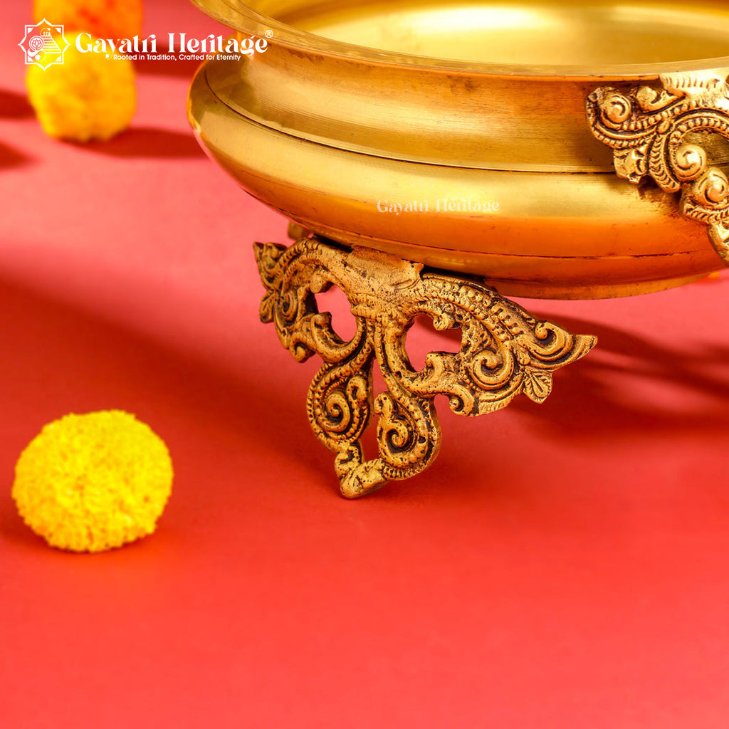 Brass Peacock Design Urli – Elegant Floral Centerpiece | Gayatri Heritage