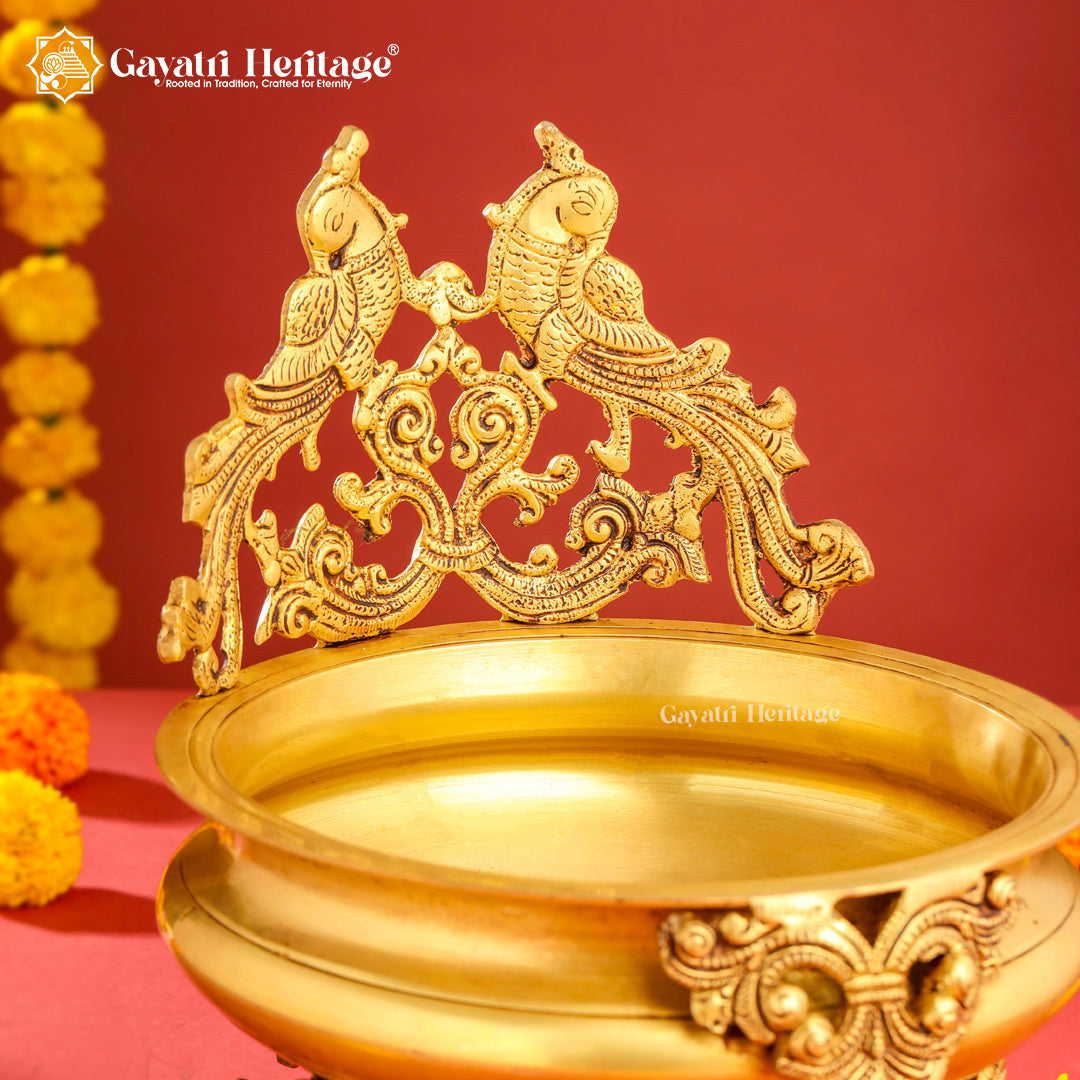 Brass Peacock Design Urli – Elegant Floral Centerpiece | Gayatri Heritage