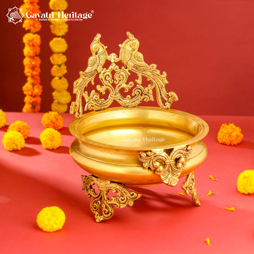 Brass Peacock Design Urli – Elegant Floral Centerpiece | Gayatri Heritage