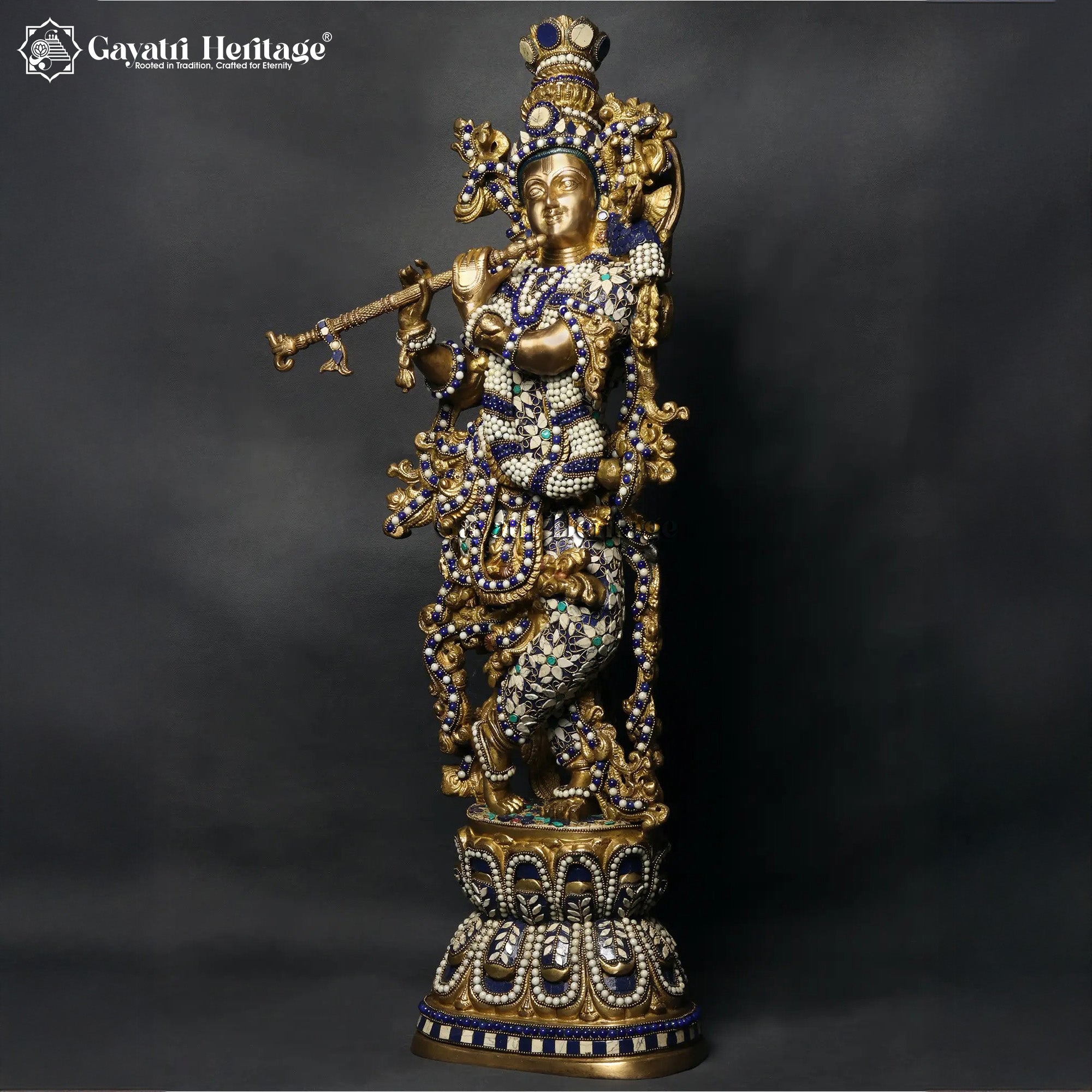 29" Krishna Brass Statue – Flute Playing Idol Inlay Work | Gayatri Heritage
