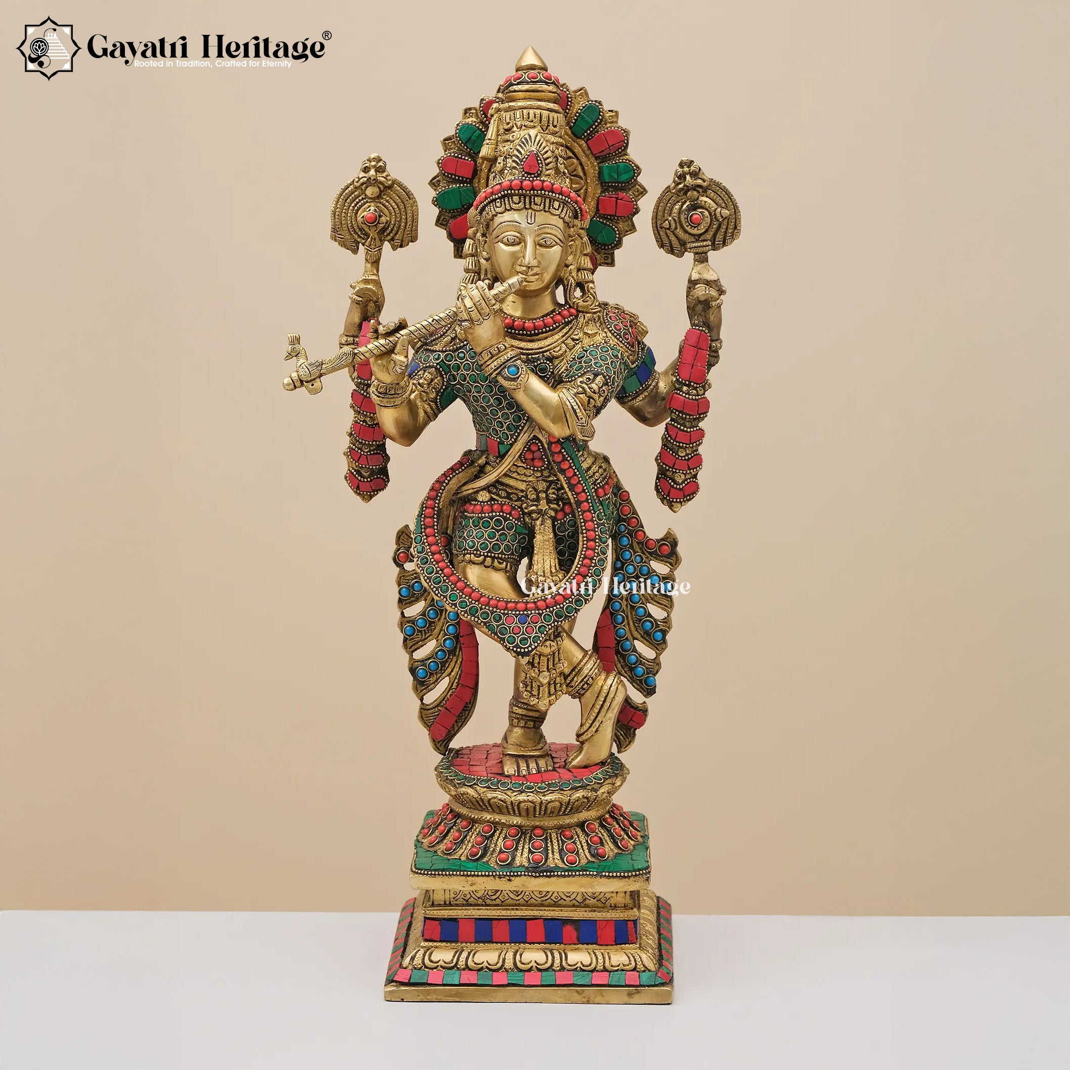 Brass Krishna with Stone Work – Divine Beauty in Intricate Craftsmanship