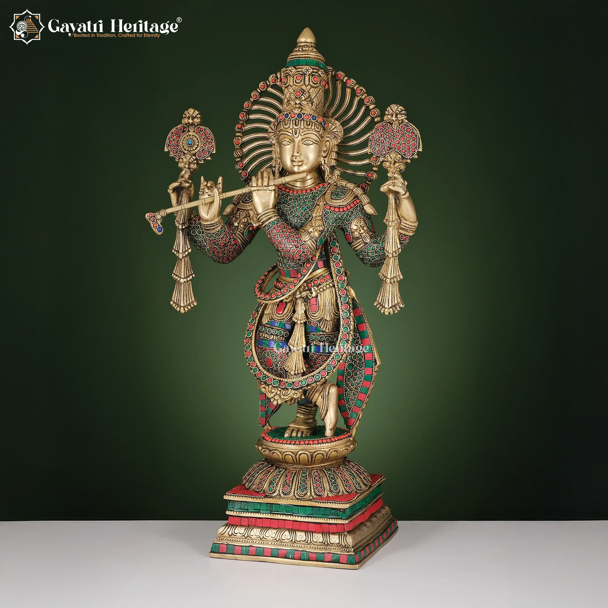 Brass Krishna Statue – Stone Work Bal Gopal Idol | Gayatri Heritage