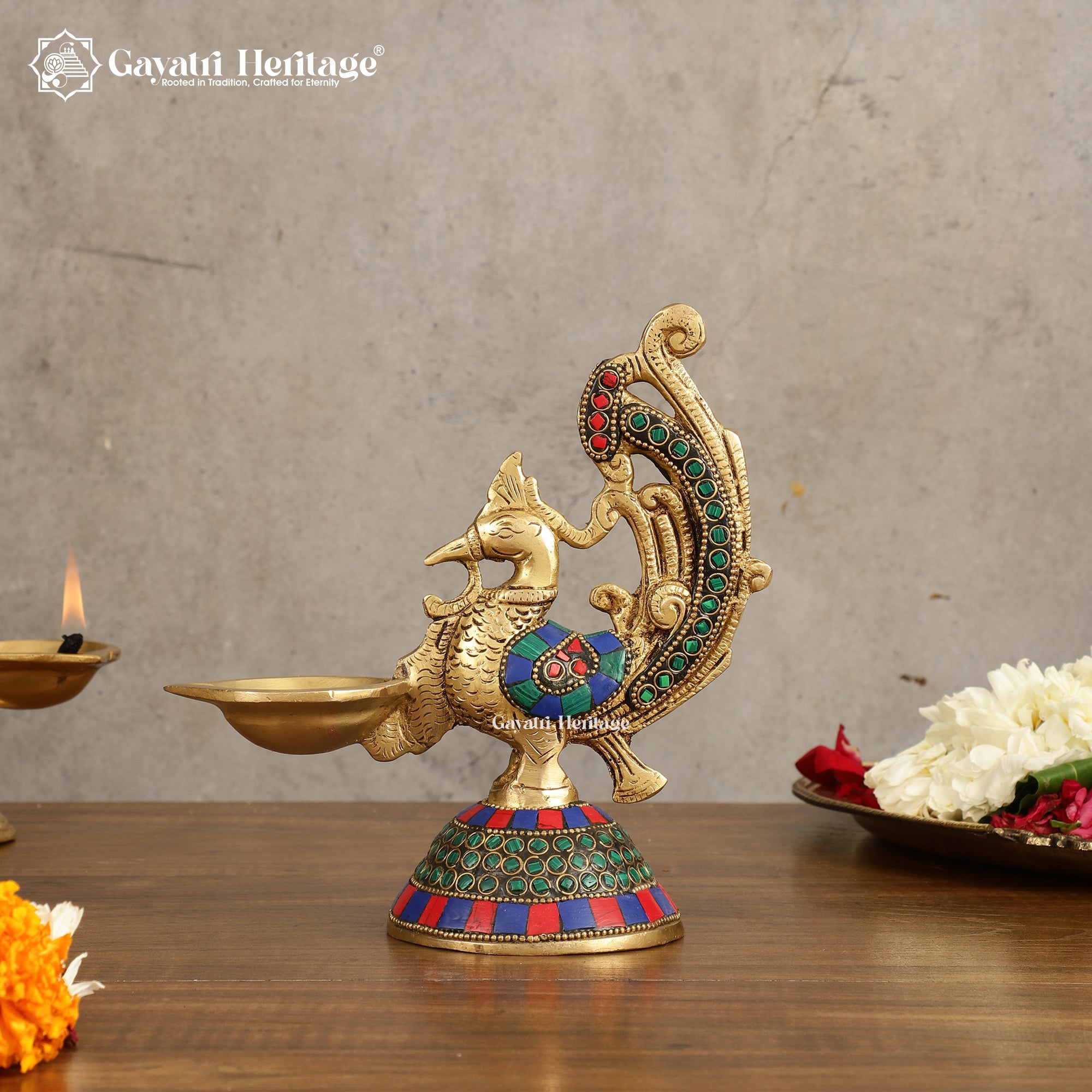 Brass Peacock Diya in Stone Work – Elegant Lighting Decor | Gayatri Heritage