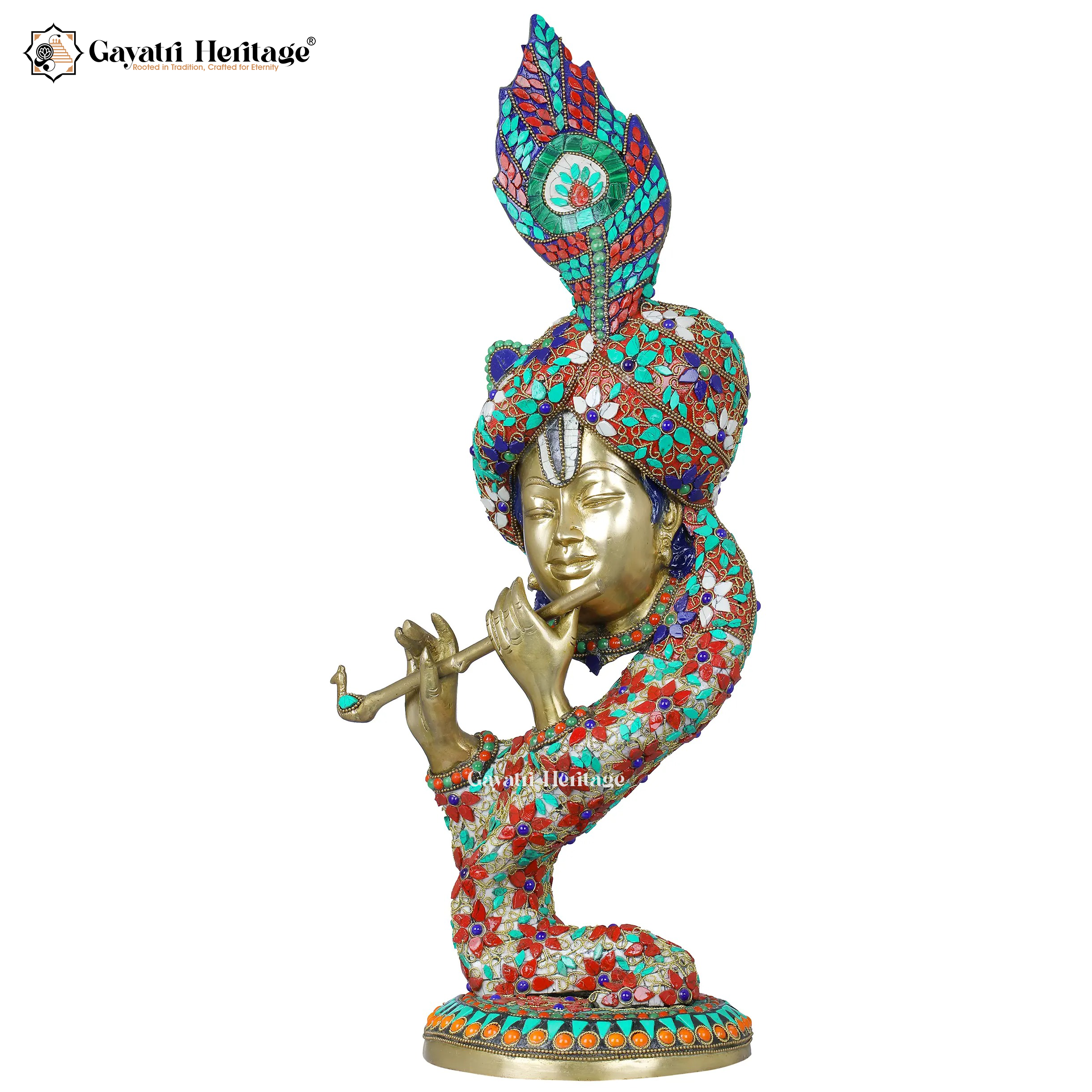 Brass Krishna Flute Idol – Stone Work Bal Gopal Statue | Gayatri Heritage