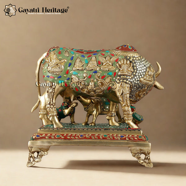 Brass Cow and Calf in Stone Work – Exquisite Religious Décor | Gayatri Heritage