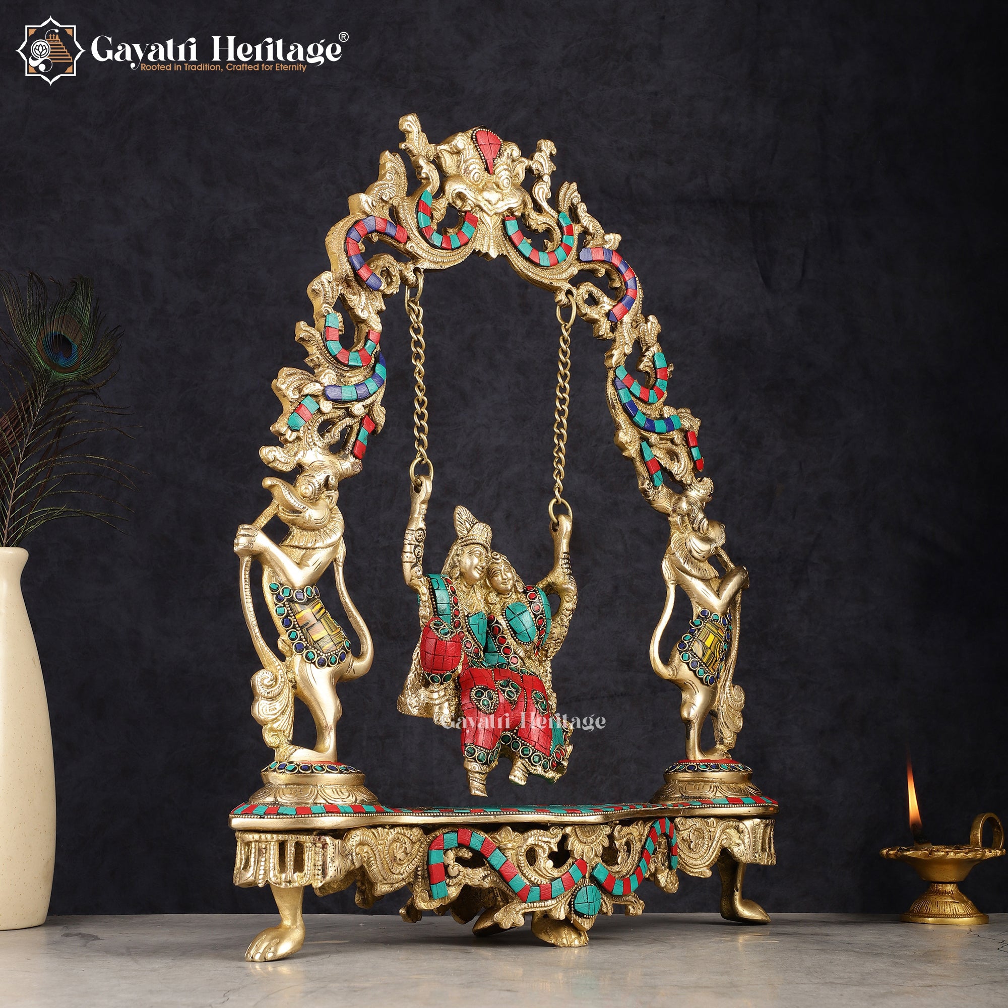 Brass Radha Krishna Jhula – Elegant Stonework Design