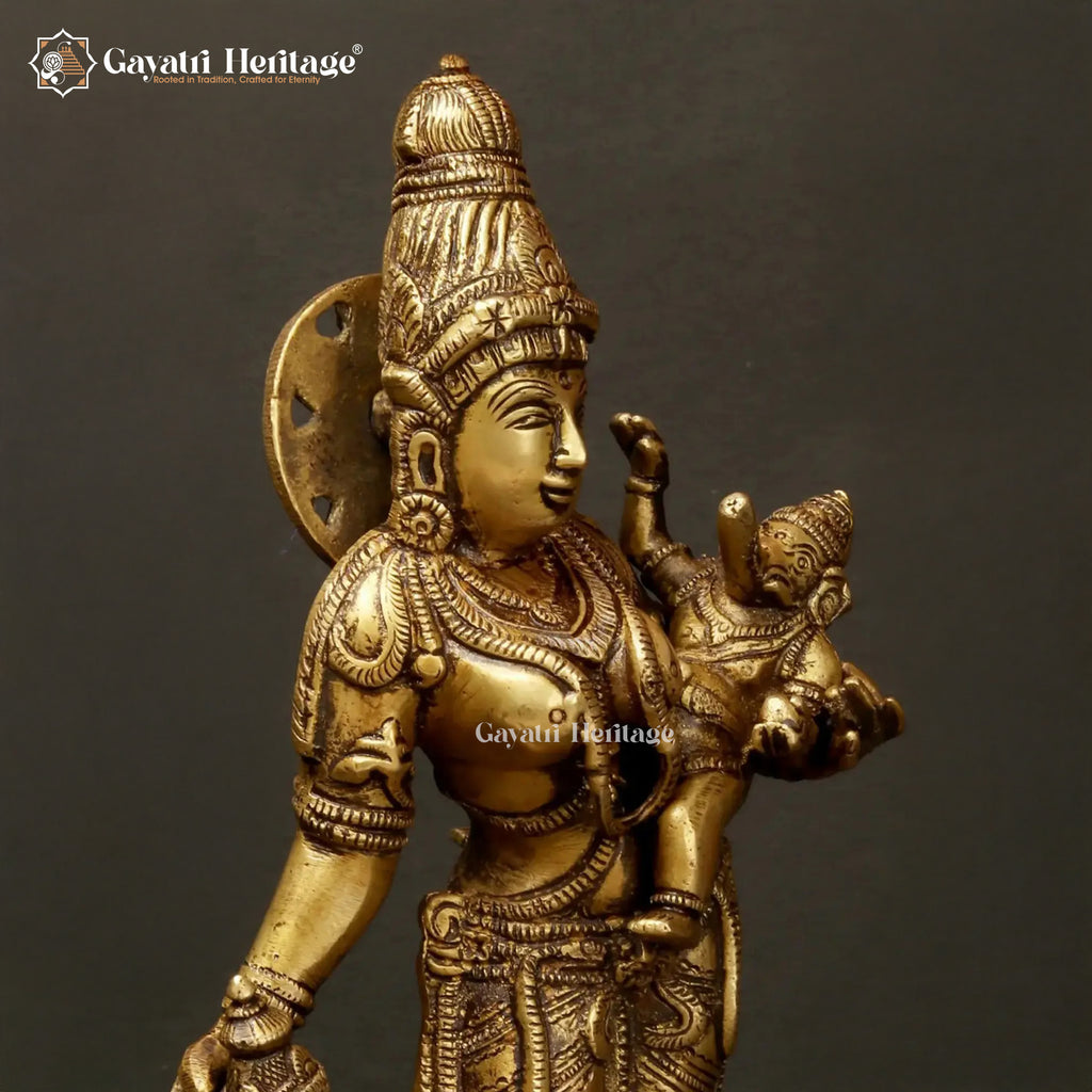 Brass Mata Parvati with Murugan & Vinayagar Idol – Divine Trio for Worship | Gayatri Heritage