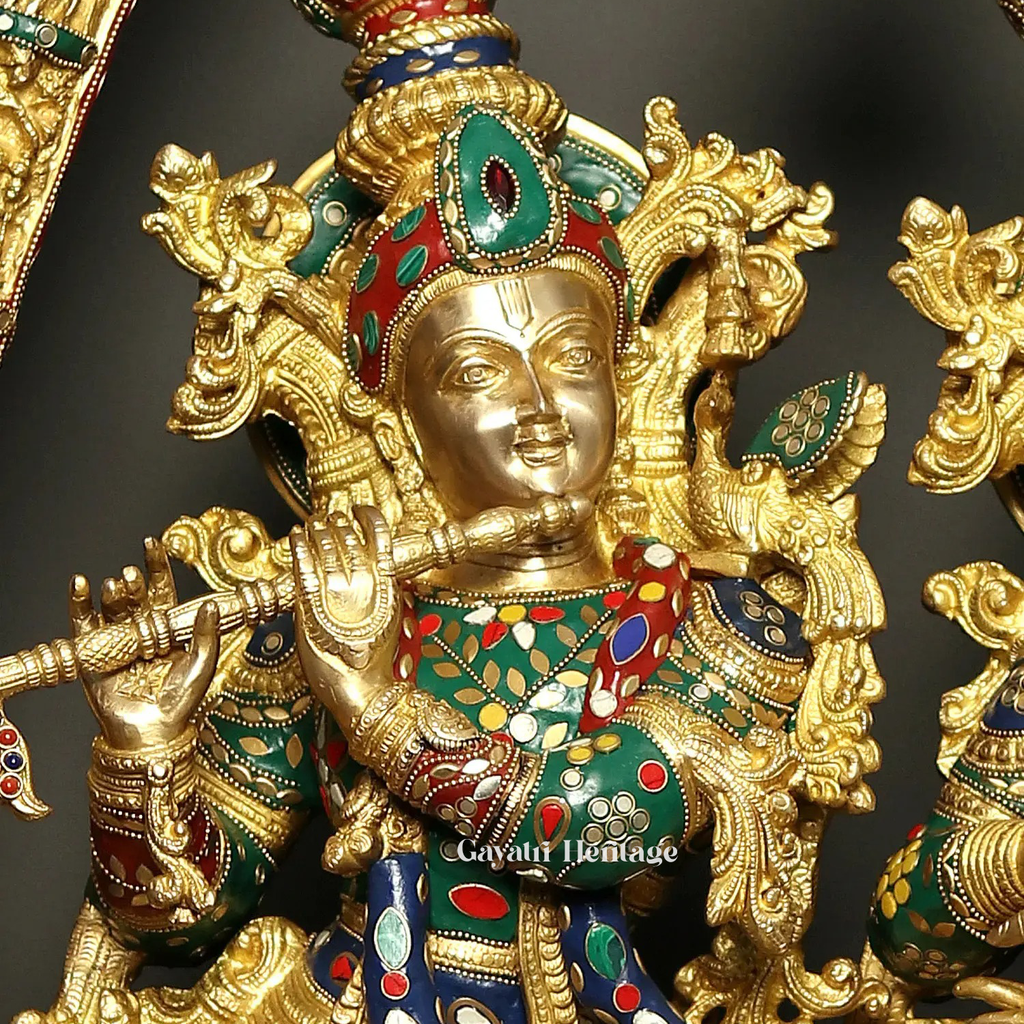 Brass Radha Krishna with Arch – Exquisite Stone Work Idol