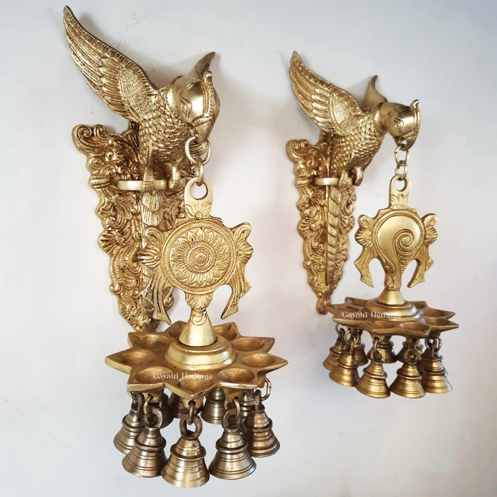 Brass Wall Hanging Parrot – Shankh Chakra Diya Decor