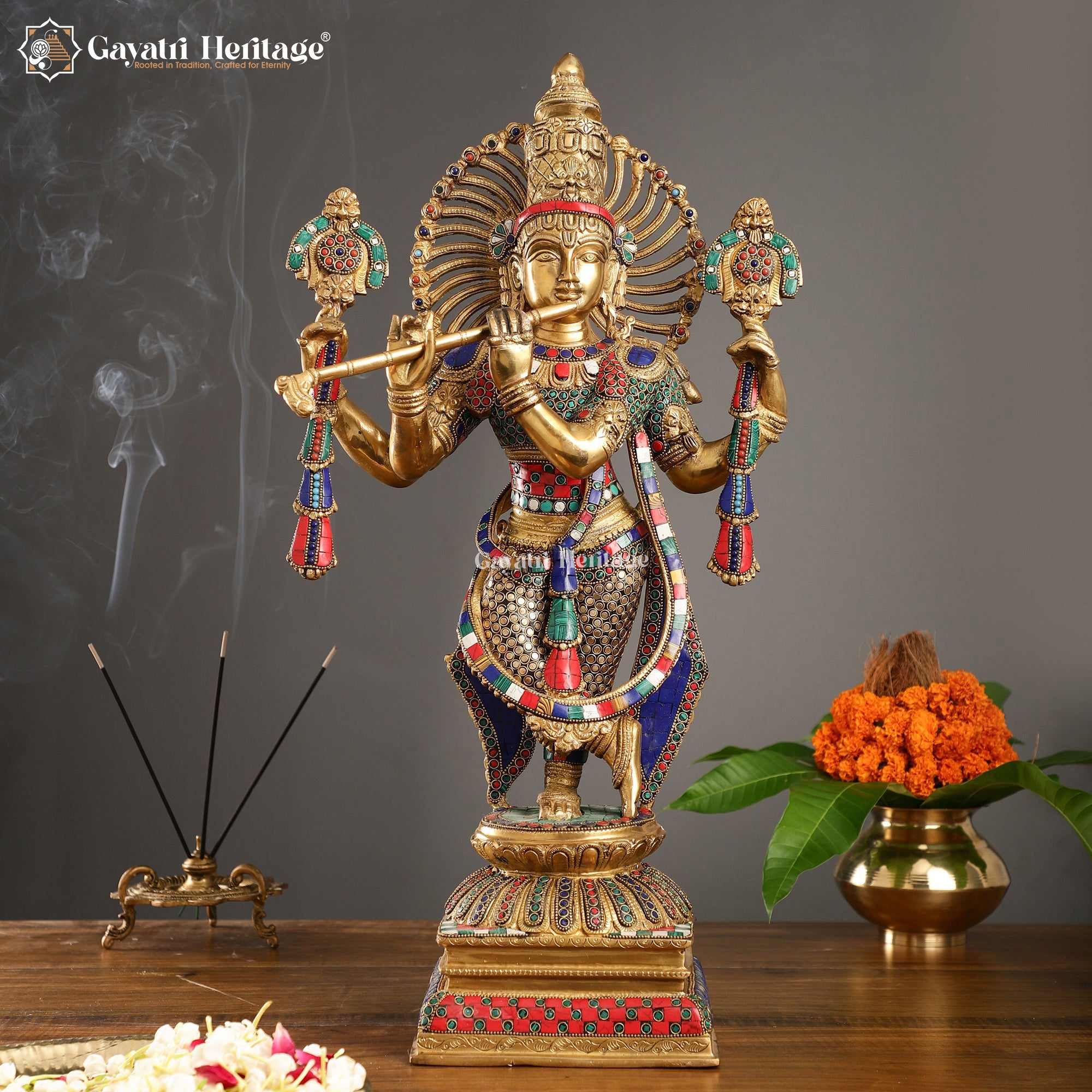 Brass Krishna Playing Flute – Stone Work Art Idol | Gayatri Heritage