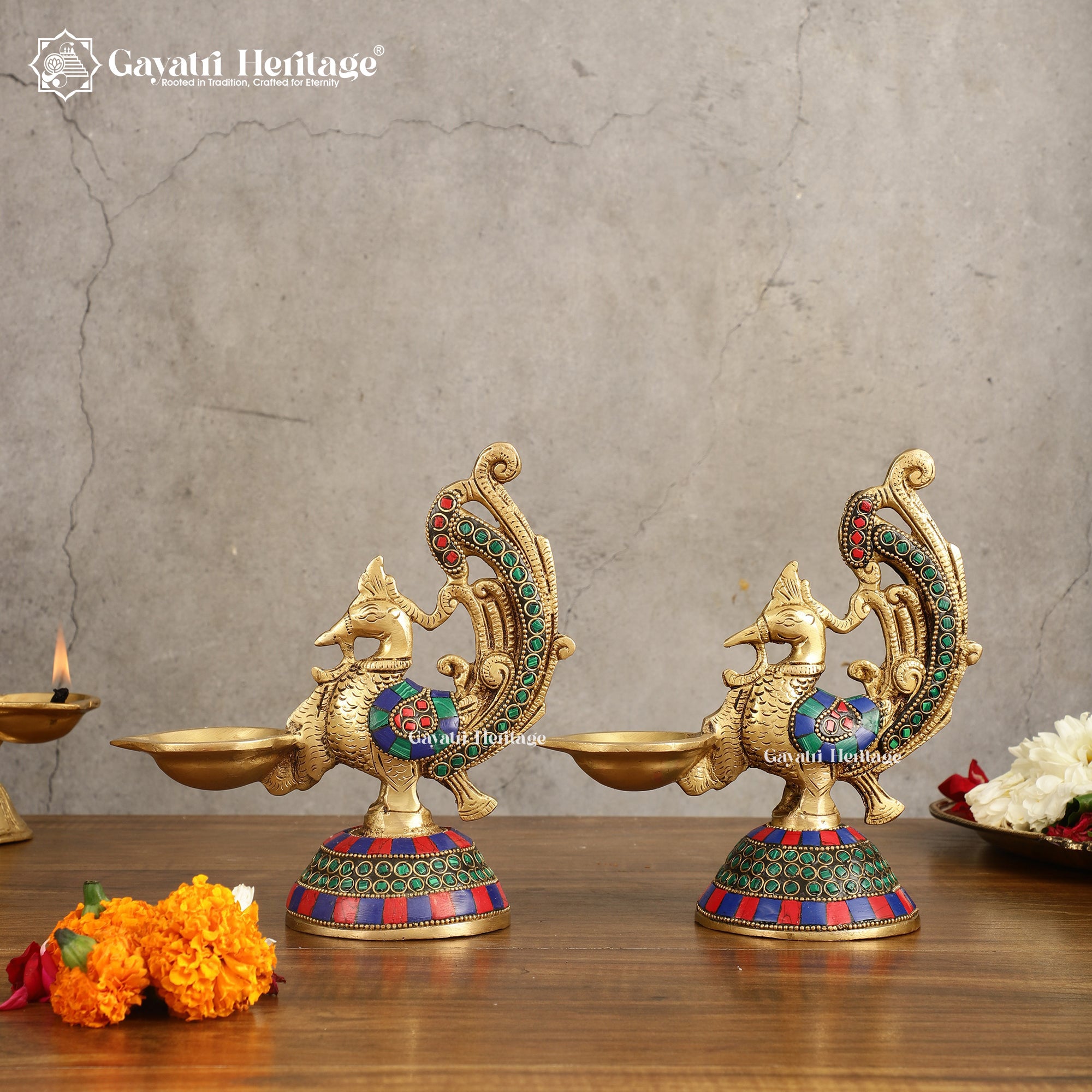 Brass Peacock Diya Set – Traditional Lighting Decor | Gayatri Heritage
