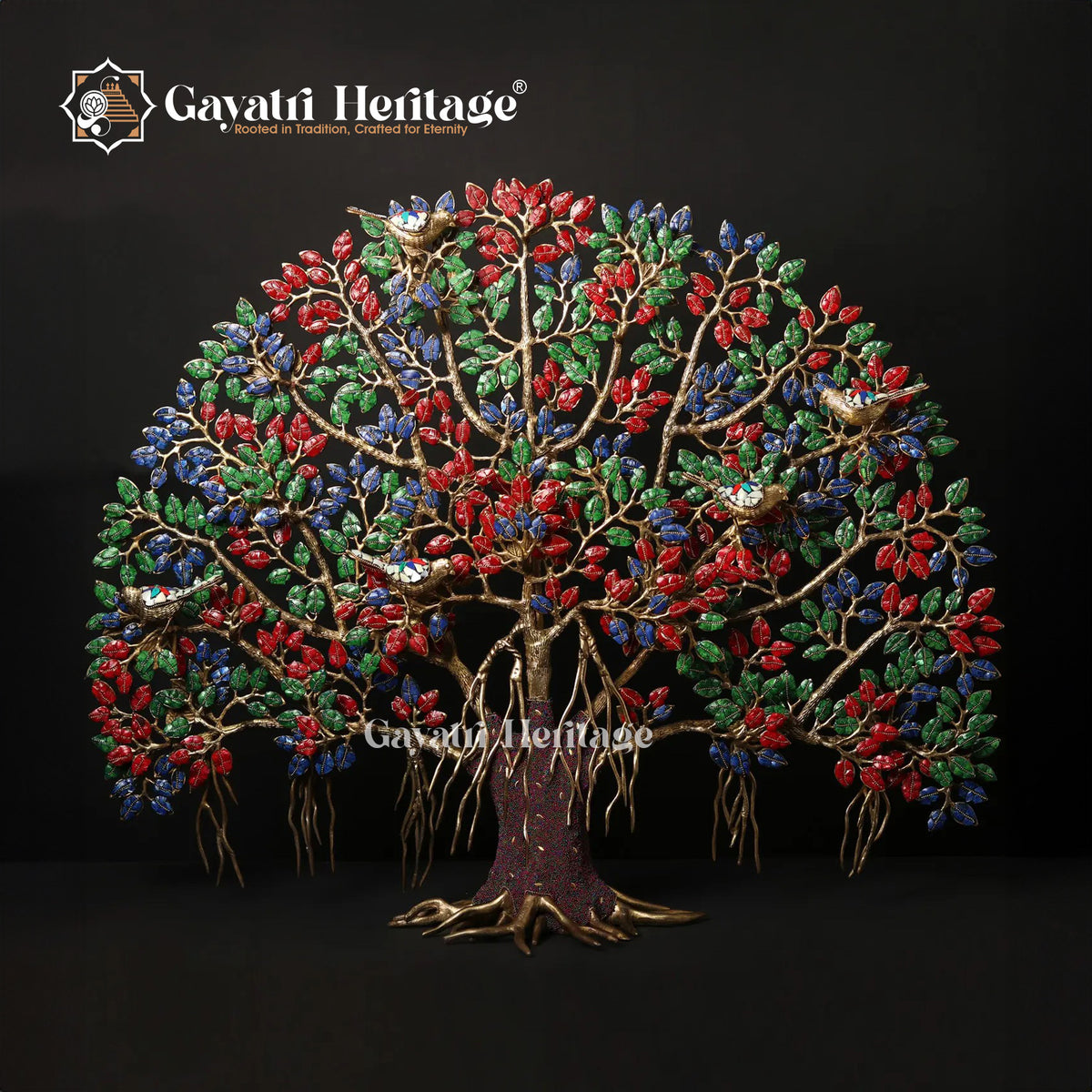 Brass Kalpavriksha Tree with Chirping Birds in Stone Work – A Harmony of Nature and Spirituality | Gayatri Heritage