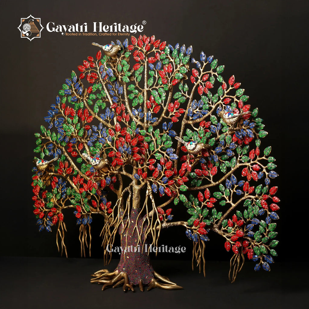 Brass Kalpavriksha Tree with Chirping Birds in Stone Work – A Harmony of Nature and Spirituality | Gayatri Heritage