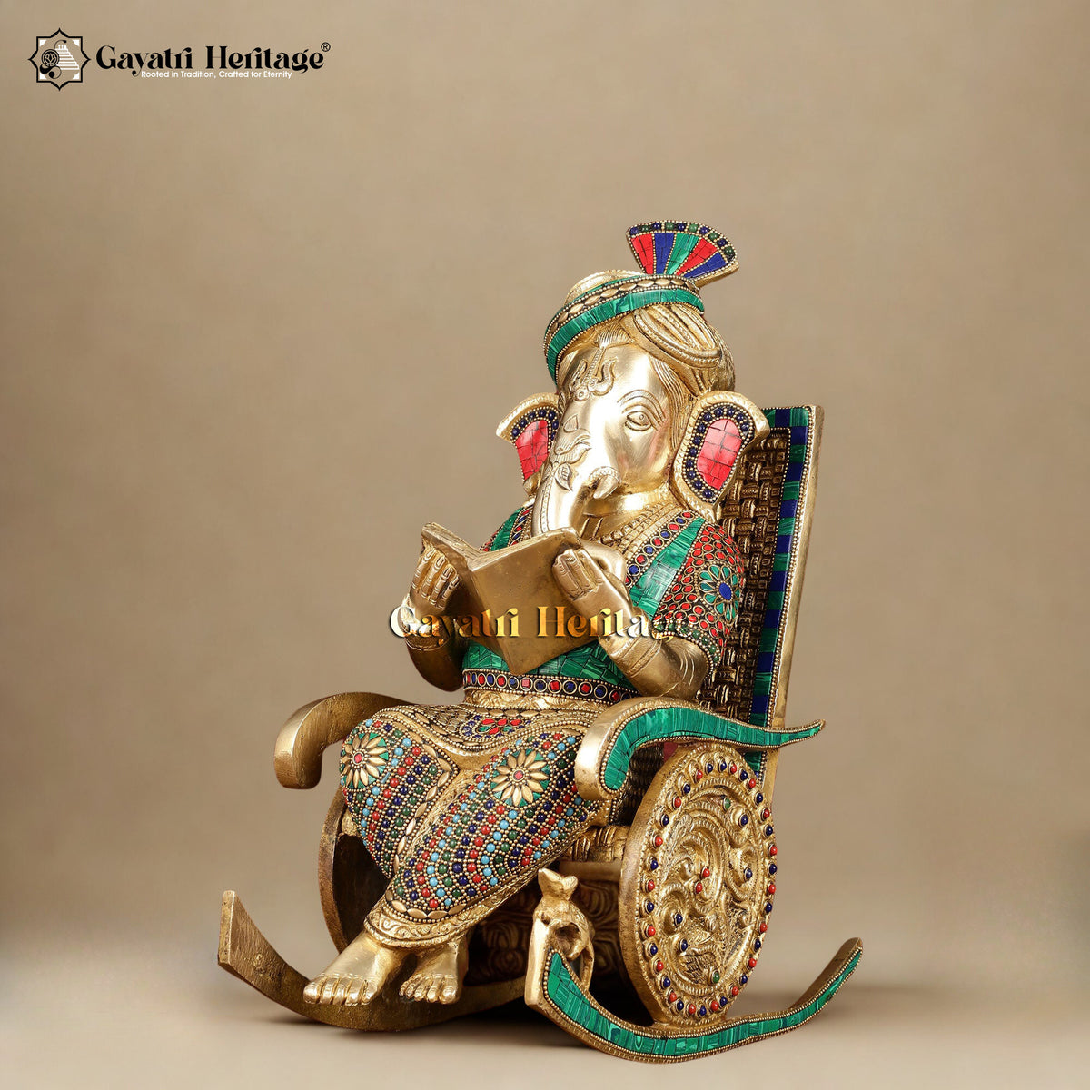 Brass Ganesh Reading Book on Chair – Symbol of Wisdom and Knowledge | Gayatri Heritage