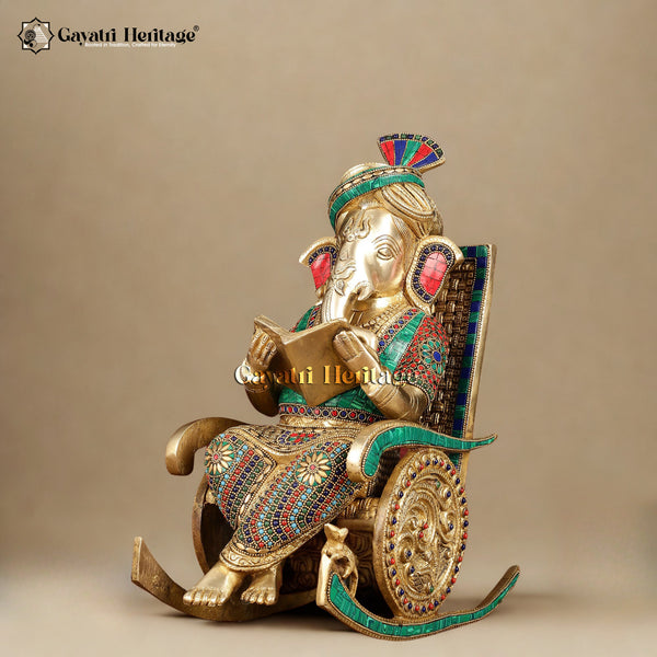 Brass Ganesh Reading Book on Chair – Symbol of Wisdom and Knowledge | Gayatri Heritage