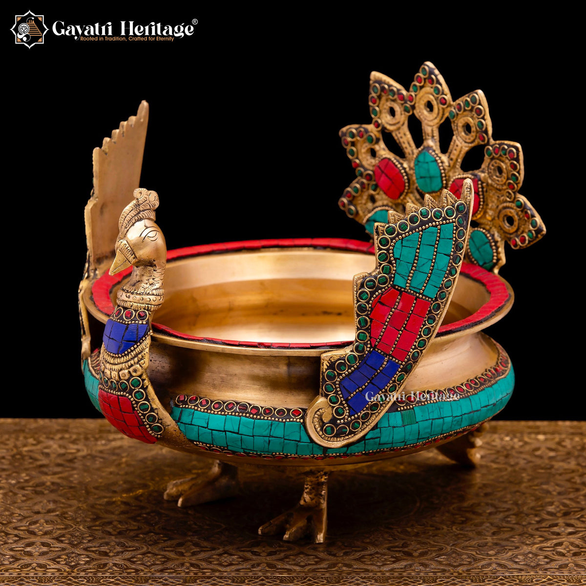 Brass Peacock Design Urli in Stone Work – Ornamental Elegance | Gayatri Heritage