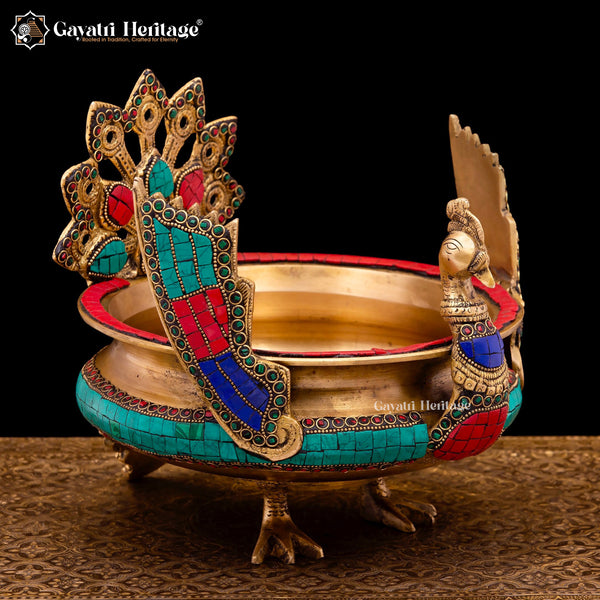 Brass Peacock Design Urli in Stone Work – Ornamental Elegance | Gayatri Heritage