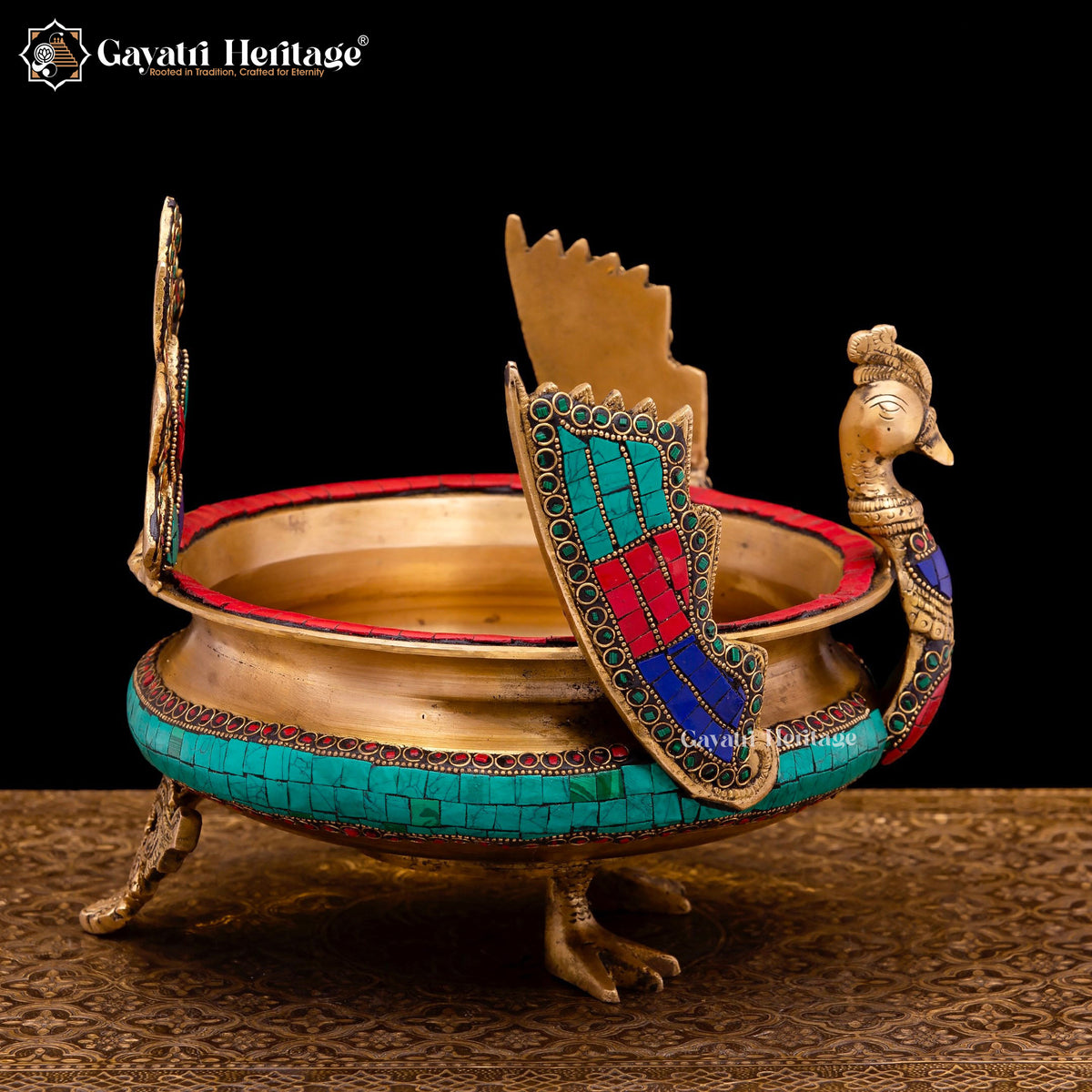 Brass Peacock Design Urli in Stone Work – Ornamental Elegance | Gayatri Heritage