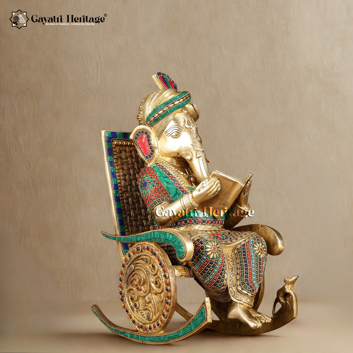 Brass Ganesh Reading Book on Chair – Symbol of Wisdom and Knowledge | Gayatri Heritage