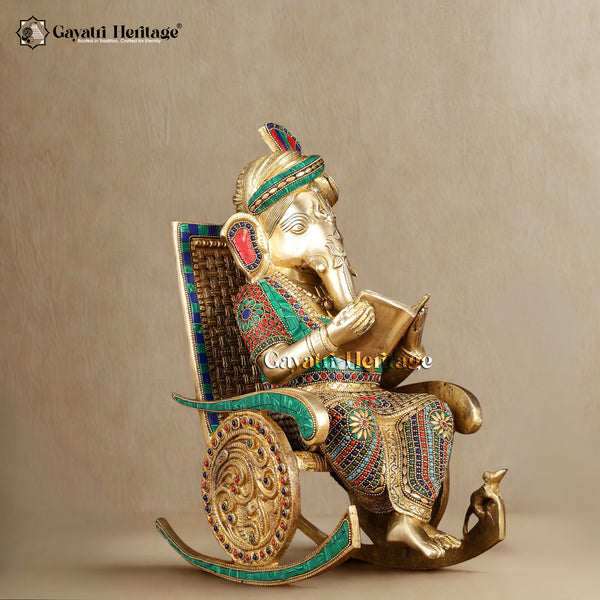 Brass Ganesh Reading Book on Chair – Symbol of Wisdom and Knowledge | Gayatri Heritage