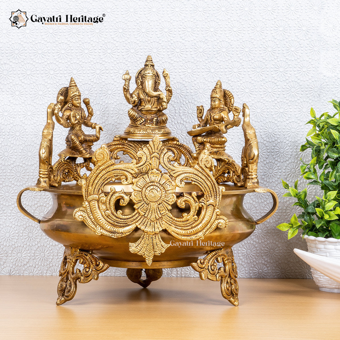 Brass Ganesh Laxmi Saraswati Urli – Divine Trio for Blessings | Gayatri Heritage