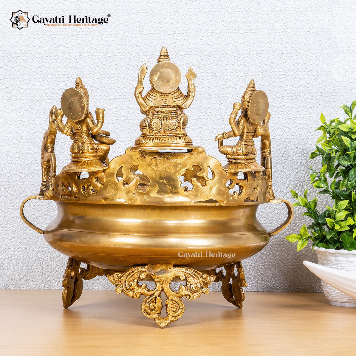 Brass Ganesh Laxmi Saraswati Urli – Divine Trio for Blessings | Gayatri Heritage