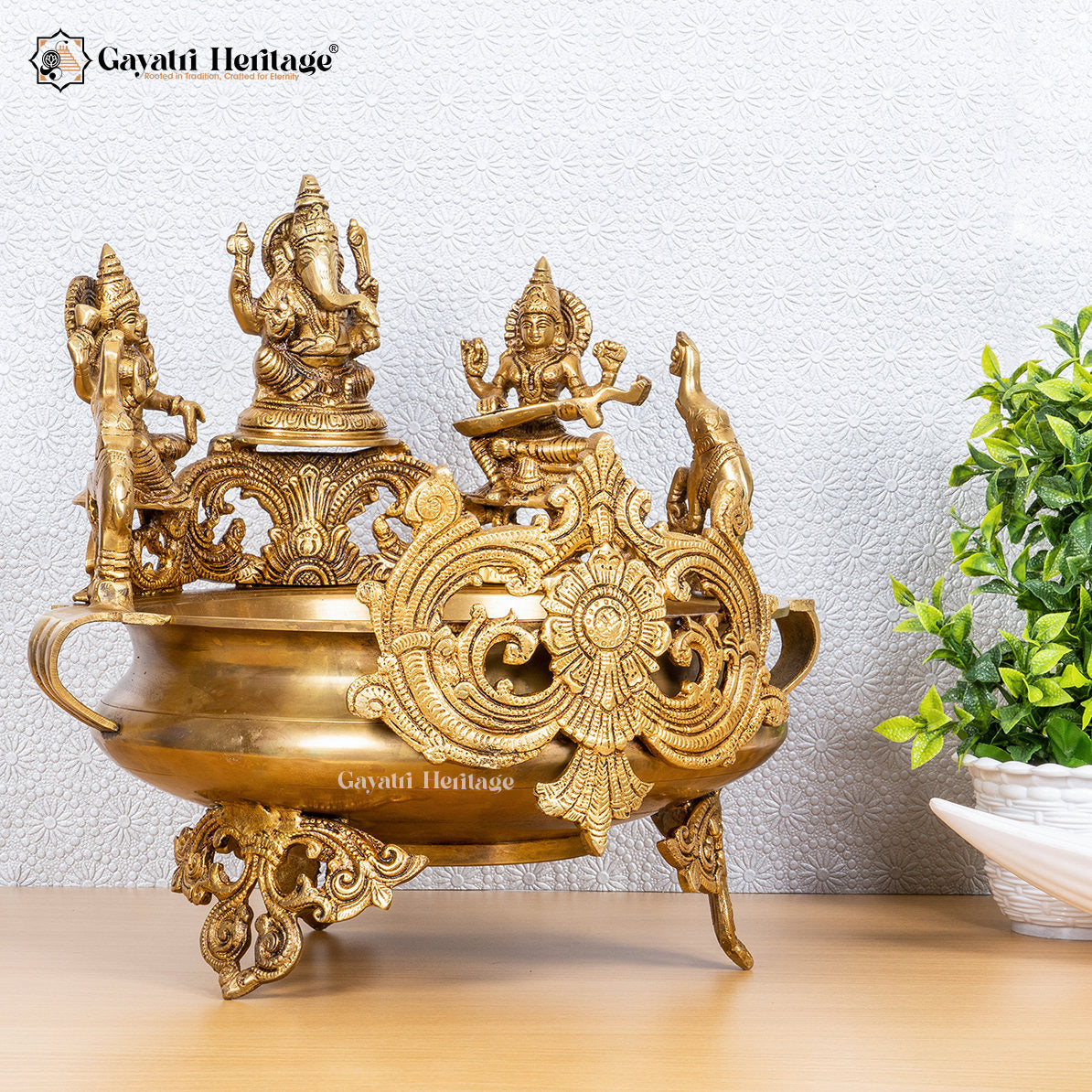 Brass Ganesh Laxmi Saraswati Urli – Divine Trio for Blessings | Gayatri Heritage